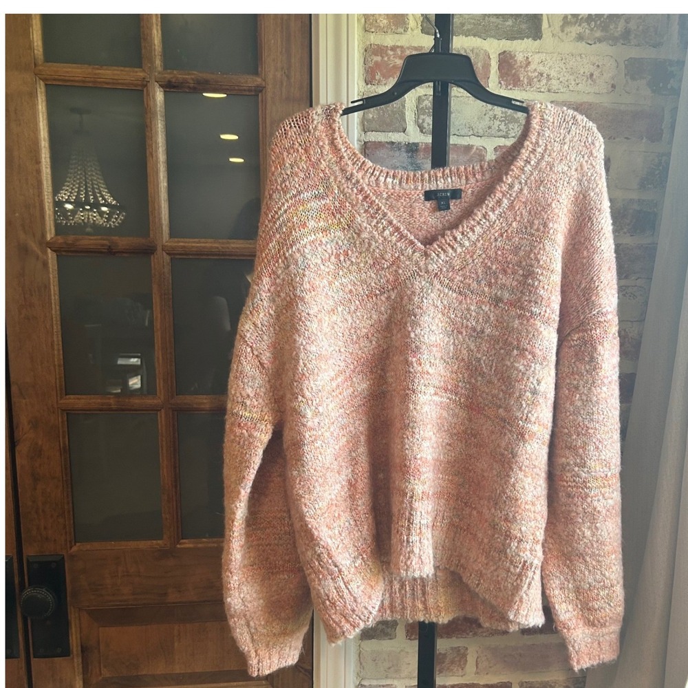 J.Crew Sweater Women Pink Multi Marled V-Neck Alpaca Blend Oversized Boho XL